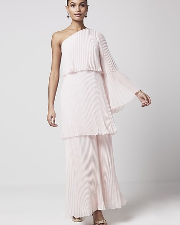 RIVER ISLAND Pink Plisse One Shoulder Bodycon Maxi Dress ~ pleated asymmetric evening dresses - flipped