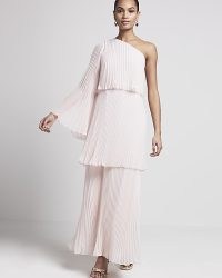 River Island Pink Plisse One Shoulder Maxi Dress | one sleeve tiered hem party dresses | pleated | asymmetric neckline evening fashion