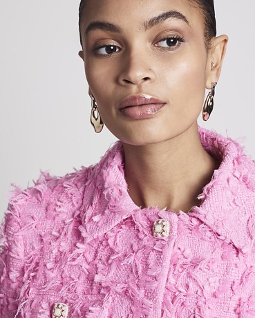 RIVER ISLAND Pink Textured Crop Trophy Jacket ~ glamorous embellished button jackets
