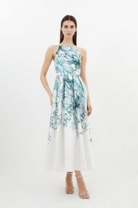 KAREN MILLEN Placed Floral Low Back Woven Twill Midi Dress in Sage / sleeveless fit and flare occasion dresses / women’s feminine summer event clothing