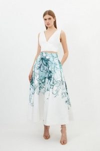 KAREN MILLEN Placed Floral Twill Full Midi Skirt in Sage / green and white printed skirts