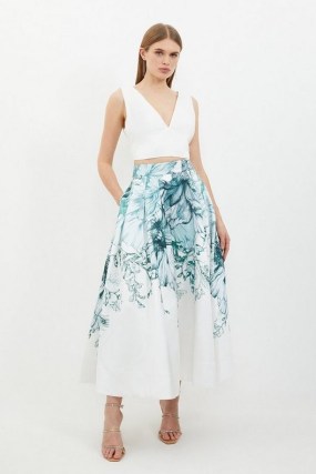 KAREN MILLEN Placed Floral Twill Full Midi Skirt in Sage / green and white printed skirts - flipped