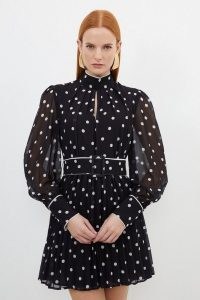 Karen Millen Pleated Contrast Georgette Spot Woven Mini Dress in Black – balloon sleeve high neck polka dot occasion dresses – sheer blouson sleeves