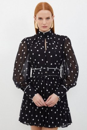 Karen Millen Pleated Contrast Georgette Spot Woven Mini Dress in Black – balloon sleeve high neck polka dot occasion dresses – sheer blouson sleeves - flipped