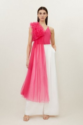 KAREN MILLEN Ponte And Tulle Drama Draped Jersey Bodysuit in Hot Pink – draped detail bodysuits – glamorous party fashion – occasion glamour