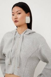 KAREN MILLEN Premium Scuba Marl Cropped Hoodie in Grey Marl ~ crop hem hoodies ~ women’s zip up hooded top