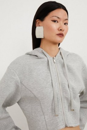 KAREN MILLEN Premium Scuba Marl Cropped Hoodie in Grey Marl ~ crop hem hoodies ~ women’s zip up hooded top - flipped