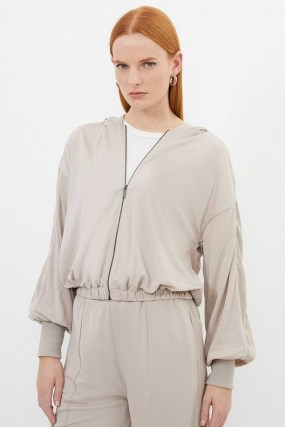 KAREN MILLEN Premium Viscose Jersey And Satin Hoodie in Stone ~ women’s zip up hoodies ~ relaxed hooded tops