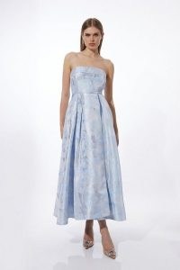 Karen Millen Prom Woven Maxi Dress in Blue – strapless fit and flare party dresses