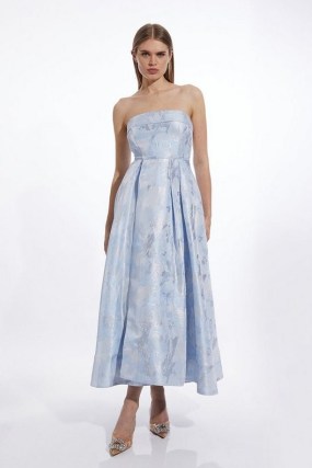 Karen Millen Prom Woven Maxi Dress in Blue – strapless fit and flare party dresses - flipped