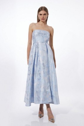 Karen Millen Prom Woven Maxi Dress in Blue – strapless fit and flare party dresses