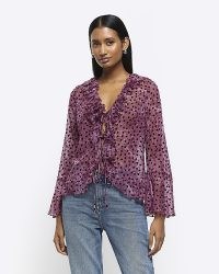 RIVER ISLAND Purple Paisley Frill Tie Up Blouse / sheer ruffled spot print blouses