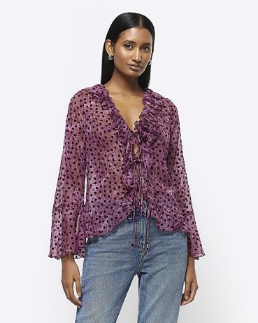 RIVER ISLAND Purple Paisley Frill Tie Up Blouse / sheer ruffled spot print blouses - flipped