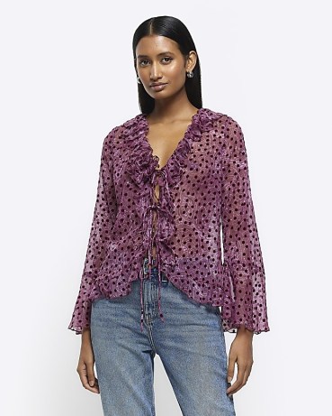 RIVER ISLAND Purple Paisley Frill Tie Up Blouse / sheer ruffled spot print blouses