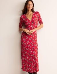 Boden Rebecca Jersey Midi Tea Dress in Flame Scarlet, Botanical Bunch / red short sleeve floral print dresses