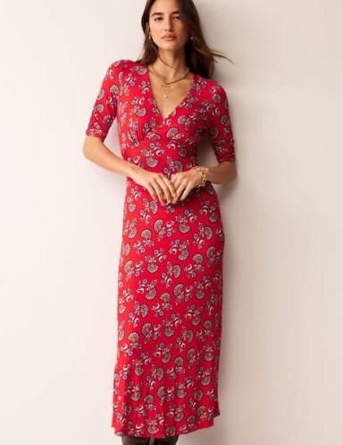 Boden Rebecca Jersey Midi Tea Dress in Flame Scarlet, Botanical Bunch / red short sleeve floral print dresses - flipped