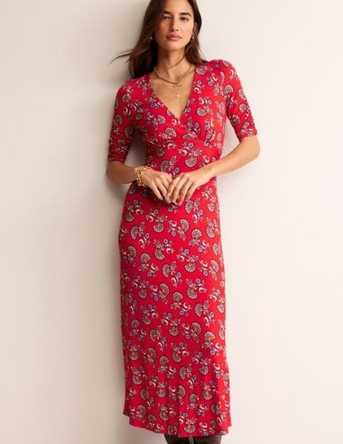 Boden Rebecca Jersey Midi Tea Dress in Flame Scarlet, Botanical Bunch / red short sleeve floral print dresses