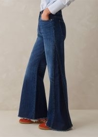 me and em Regular Length Split Seam Flare Jean in Dark Multi Blue | women’s denim flares | casual 70s style fashion | womens flared jeans