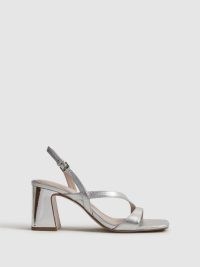 REISS ALICE STRAPPY LEATHER HEELED SANDALS SILVER ~ metallic block heel slingback sandal