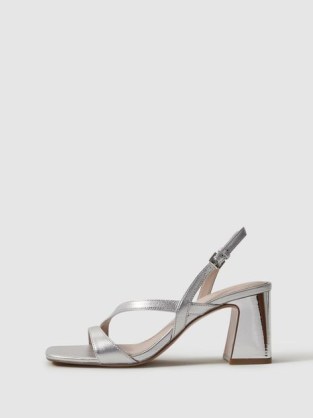 REISS ALICE STRAPPY LEATHER HEELED SANDALS SILVER ~ metallic block heel slingback sandal - flipped