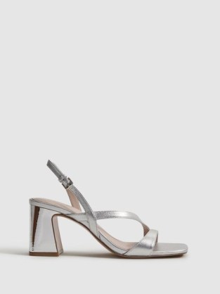 REISS ALICE STRAPPY LEATHER HEELED SANDALS SILVER ~ metallic block heel slingback sandal