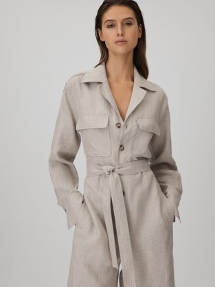 REISS ANITA LINEN WIDE LEG JUMPSUIT NEUTRAL ~ women’s collared tie waist jumpsuits ~ chic utility style clothes - flipped