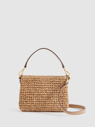 Reiss BROMPTON LEATHER RAFFIA POUCH BAG TAN / small luxe woven style bags
