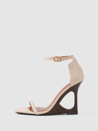 Reiss CORA LEATHER STRAPPY WEDGE HEELS in OFF WHITE | chic cut out wedges | contemporary wedged sandals | square toe ankle strap sandal - flipped