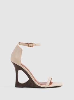 Reiss CORA LEATHER STRAPPY WEDGE HEELS in OFF WHITE | chic cut out wedges | contemporary wedged sandals | square toe ankle strap sandal