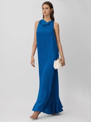 Reiss DINA TIE NECK COLUMN MAXI DRESS COBALT BLUE – sophisticated long length evening event dresses – elegant sleeveless occasion gown - flipped