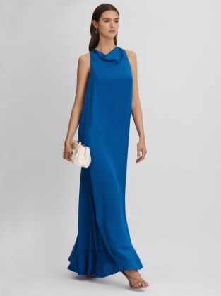Reiss DINA TIE NECK COLUMN MAXI DRESS COBALT BLUE – sophisticated long length evening event dresses – elegant sleeveless occasion gown