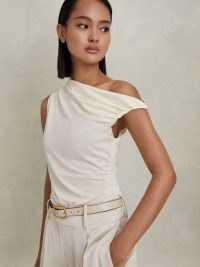 REISS DYLAN RUCHED OFF-THE-SHOULDER TOP IVORY ~ tops with an asymmetric neckline