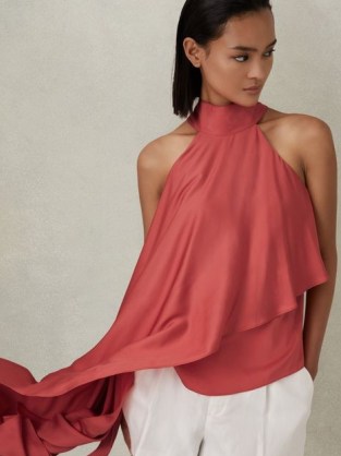 REISS ELSIE ASYMMETRIC DRAPED BLOUSE CORAL ~ satin sleeveless high neck top ~ silky occasion blouses ~ chic drape detail evening tops - flipped