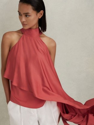 REISS ELSIE ASYMMETRIC DRAPED BLOUSE CORAL ~ satin sleeveless high neck top ~ silky occasion blouses ~ chic drape detail evening tops