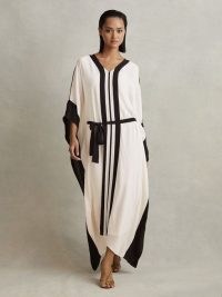 REISS EMERSYN COLOURBLOCK DRAPED MAXI DRESS in CREAM/BLACK / black and cream colour block kaftan style dresses