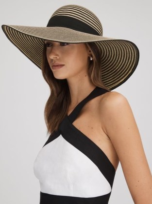 Reiss EMILIA PAPER STRAW WIDE BRIM HAT BLACK/NEUTRAL / women’s chic woven summer hats