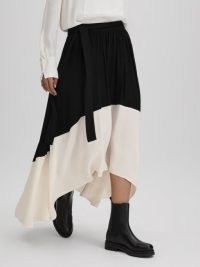 Reiss AVA COLOURBLOCK PLEATED MIDI SKIRT BLACK/CREAM ~ colour block dip hem skirts ~ asymmetric hemline clothing