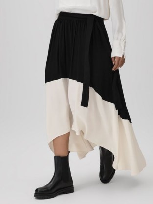 Reiss AVA COLOURBLOCK PLEATED MIDI SKIRT BLACK/CREAM ~ colour block dip hem skirts ~ asymmetric hemline clothing - flipped