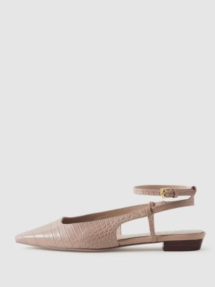 Reiss FREYA LEATHER SLINGBACK BALLERINA FLATS in NUDE | flat ankle strap shoes | chic animal print ballerinas - flipped