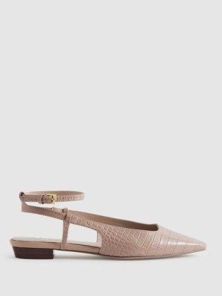 Reiss FREYA LEATHER SLINGBACK BALLERINA FLATS in NUDE | flat ankle strap shoes | chic animal print ballerinas