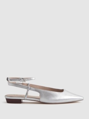 REISS FREYA LEATHER SLINGBACK BALLERINA FLATS SILVER ~ metallic pointy pumps ~ luxe flat shoes ~ pointed toe ballerinas - flipped