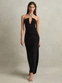 REISS IRIS BODYCON JERSEY MAXI DRESS BLACK ~ chic fitted ruched front halterneck dresses ~ cut out occasion fashion
