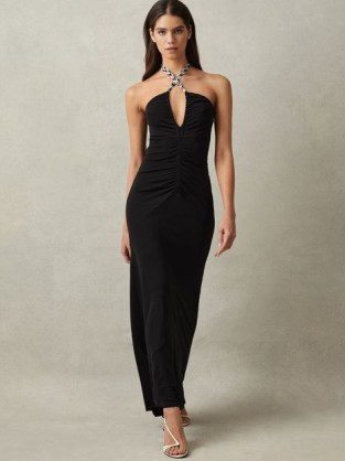 REISS IRIS BODYCON JERSEY MAXI DRESS BLACK ~ chic fitted ruched front halterneck dresses ~ cut out occasion fashion - flipped