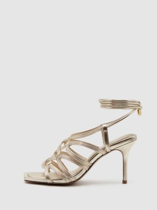 REISS KEIRA STRAPPY OPEN TOE HEELED SANDALS GOLD ~ metallic ankle tie heels ~ glamorous shoes - flipped