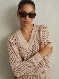 Reiss LARISSA LINEN COTTON OPEN STITCH JUMPER in MINK / women’s chic V-neck open knit jumpers / womens chunky drop shoulder sweater