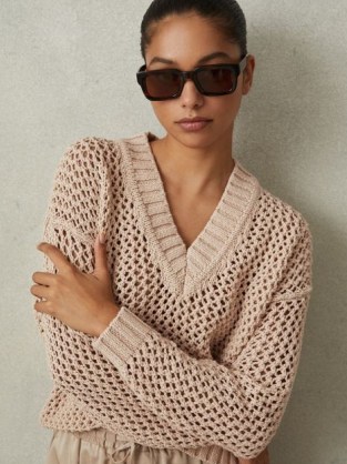 Reiss LARISSA LINEN COTTON OPEN STITCH JUMPER in MINK / women’s chic V-neck open knit jumpers / womens chunky drop shoulder sweater - flipped