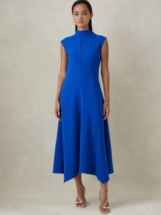 Reiss DAILA HIGH RISE DENIM MIDI SKIRT COBALT BLUE – high neck fit and flare dresses – sophisticated occasionwear - flipped