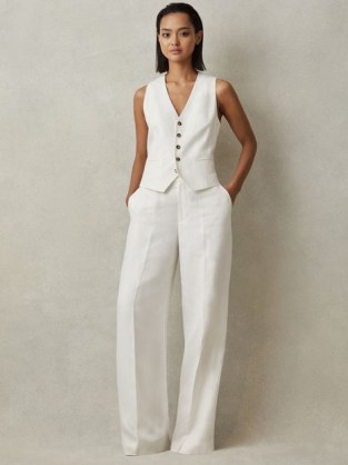 Reiss LORI VISCOSE-LINEN WIDE LEG SUIT TROUSERS in WHITE / women’s spring summer trouser - flipped