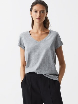 REISS LUANA COTTON JERSEY V-NECK T-SHIRT in GREY ~ women’s wardrobe essentials ~ womens short sleeve tops ~ chic tee ~ t shirts - flipped