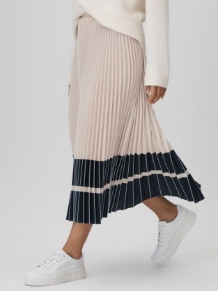REISS MARIE HIGH RISE PLEATED MIDI SKIRT in NUDE/NAVY / nude and navy blue colour block skirts / chic colourblock clothing - flipped